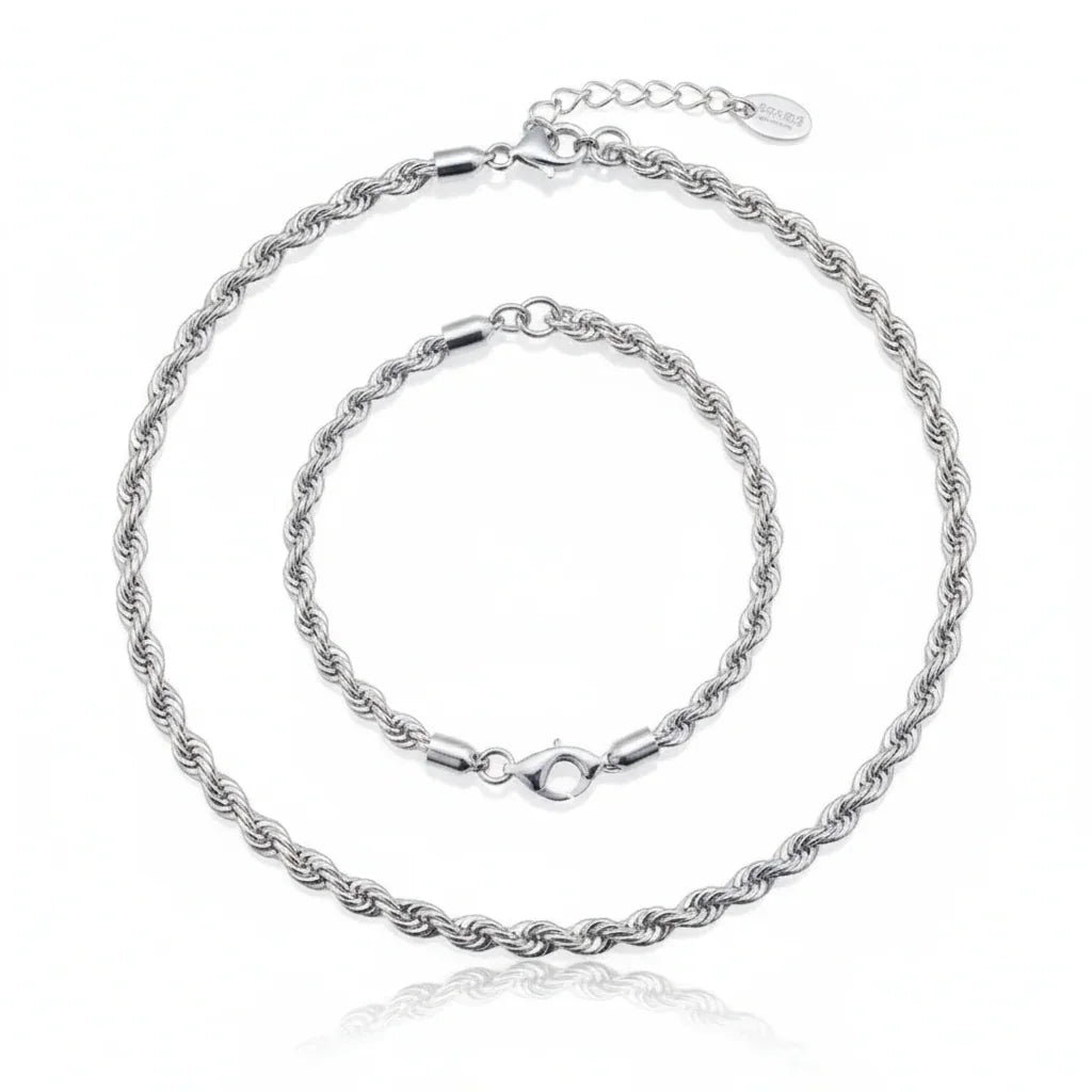 Cordão Masculina Casual e Pulseira Prateada